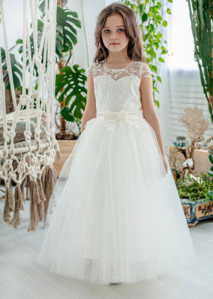 Ivory Lace Tulle Flower Girl Dress With Tiny Bow